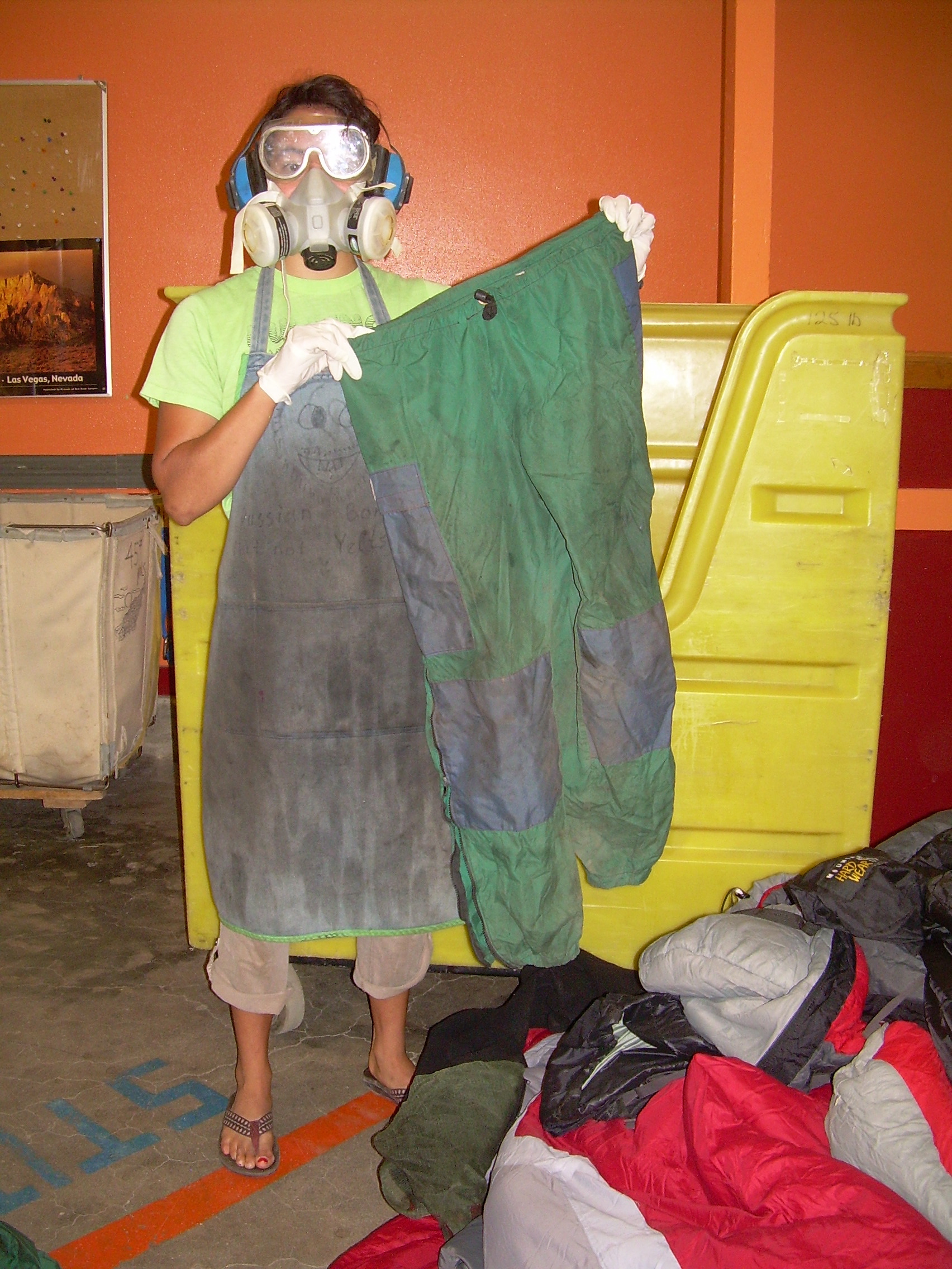 Adrienne found the windpants while sorting through dirty laundry one day.