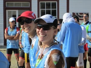 Casey Adams and Marina Fleming, part of a four-person team, prepare to start in South Pass City on July 17. Jeanne O'Brien photo
