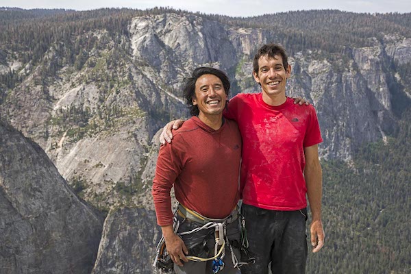Jimmy Chin and Alex Honnold smile together during filming of Free Solo