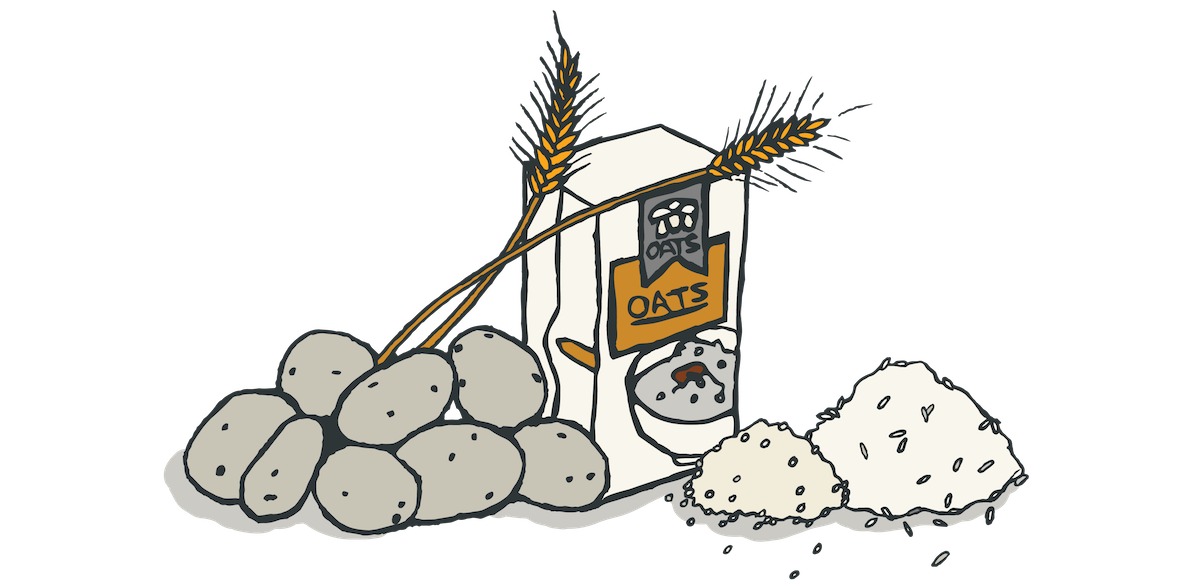 drawing of potatoes, stalks of wheat, box of oats, and other carbs