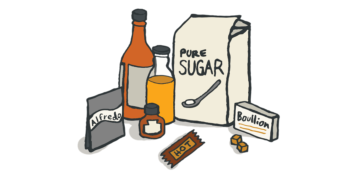 drawing of sauces and seasonings including bag of sugar, boullion, hot sauce, and alfredo packet