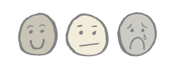 sketch of a happy smiley face, neutral smiley face, and sad face with tear