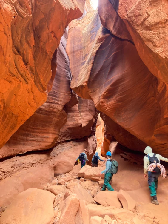 Climbers walk on the canyon floor with canyon walls towering over them