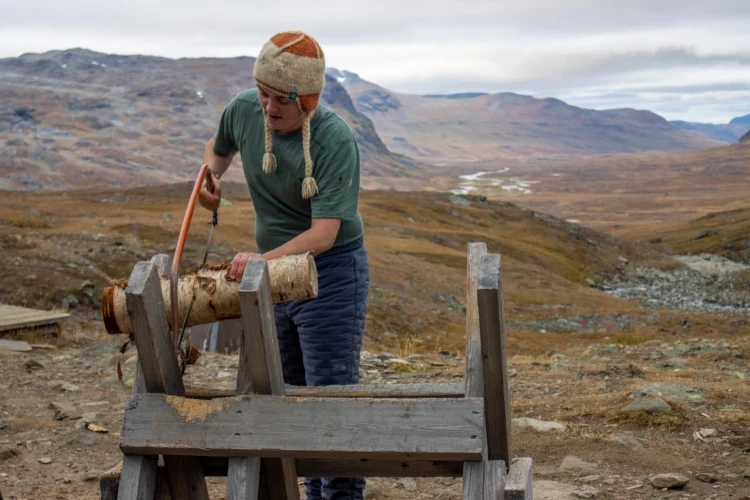 Hiker saws wood in Sweden
